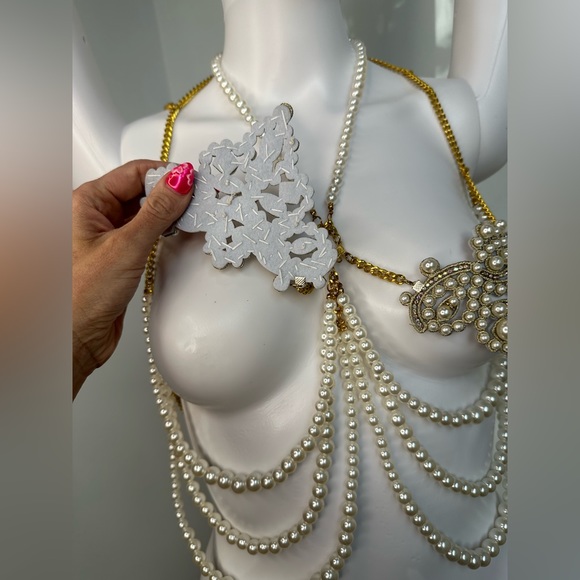Mermaid Pearl Rhinestone & Gold Chain Jewelry Top fits B-D cup Handmade Unique - Picture 10 of 15